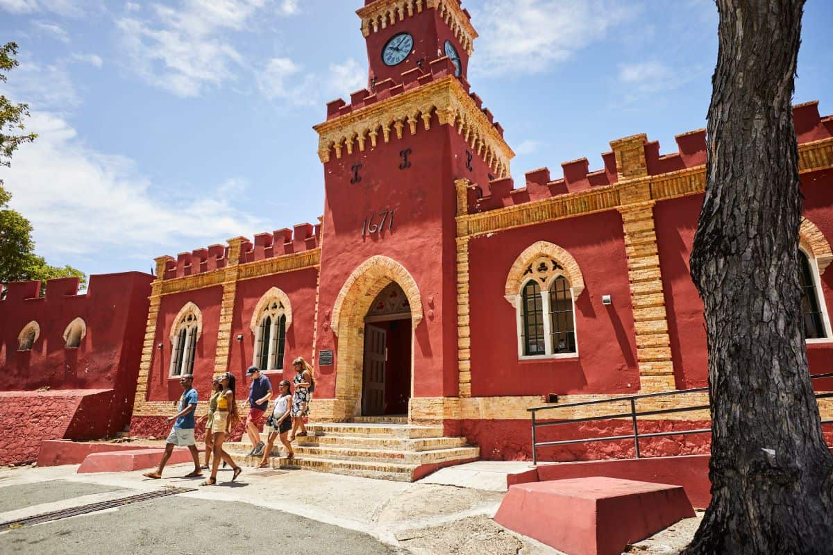 Historic Fort Christian in Charlotte Amalie, St. Thomas, US Virgin Islands, with red brick walls and colonial-era architecture
